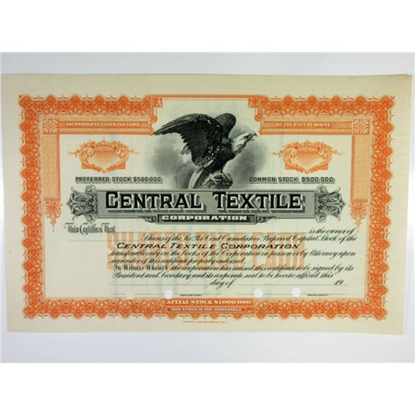 ME. Central Textile Corp., 1920s Odd Shrs Specimen Stock Certificate XF, Orange