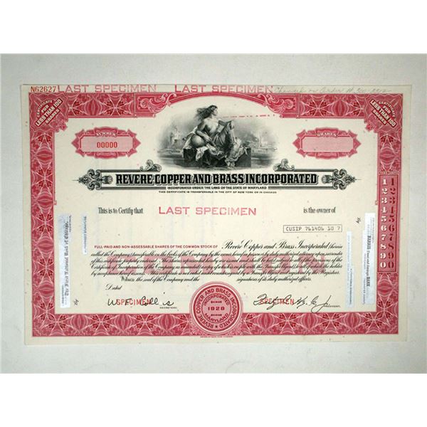 MD. Revere Copper & Brass Inc., 1950-60s. <100 Shrs Specimen Stock Cert. XF-AU. ABNC