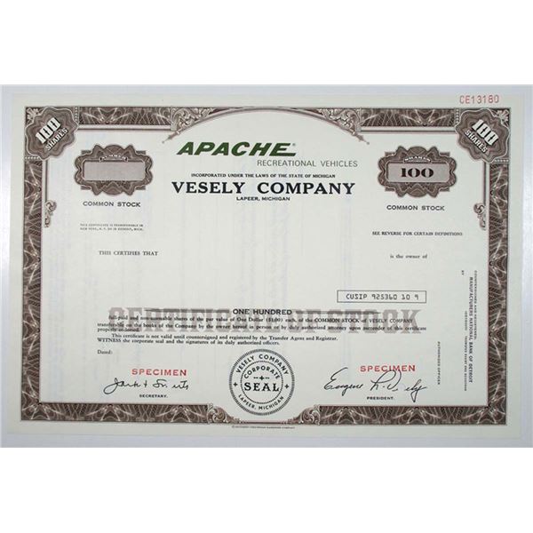 MI. Vesely Co., 1980s 100 Shares Specimen Stock Certificate, VF SCBN