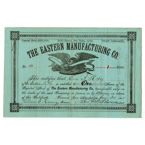 NH. Eastern Manufacturing Co., 1888 1 Shr Capital Stock I/U Certificate, #68, VF
