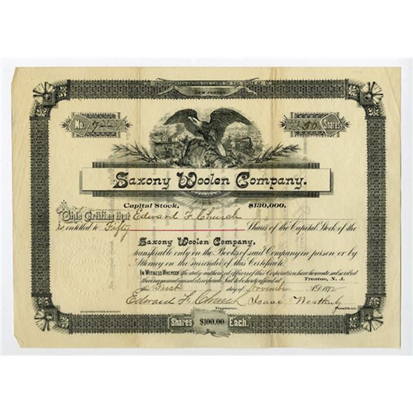 NJ. Saxony Woolen Co., 1892 50 Shrs Capital Stock I/U Certificate, #7, XF