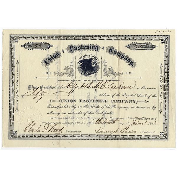 NJ. Union Fastening Co., 1883 50 Shrs I/U Capital Stock Cert., VF-XF Condition