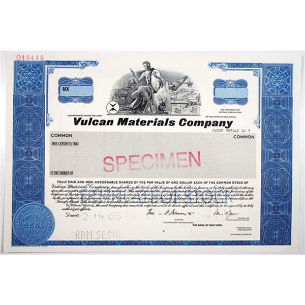 NJ. Vulcan Materials Co., 2005 Odd Shrs Specimen Stock Cert, VF SCBN