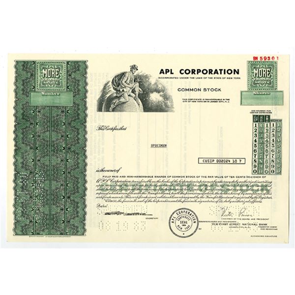 NY. APL Corp SPECIMEN stock cert. 1982 XF green SC-USBN