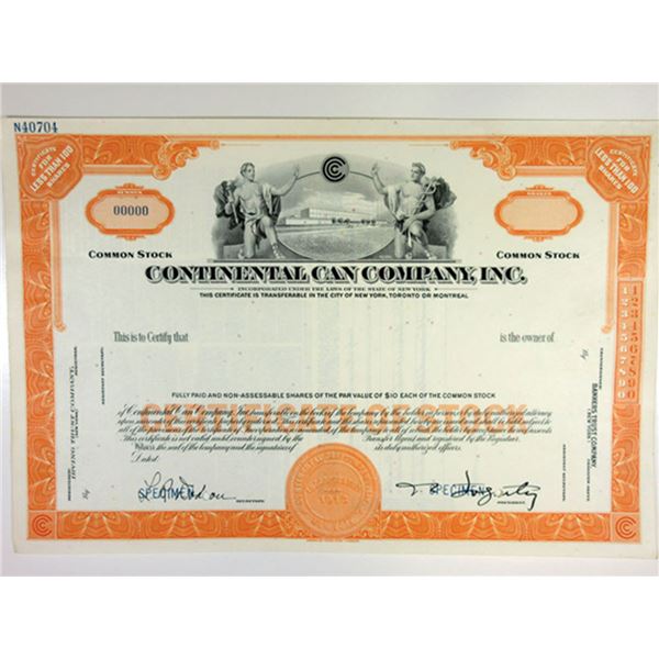 NY. Continental Can co., Inc. 1950s Specimen Stock Cert <100 Shrs XF ABN Orange
