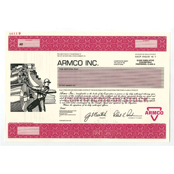 OH. Armco Inc., 1994 Class A Preferred Specimen Stock Certificate, XF -Pink