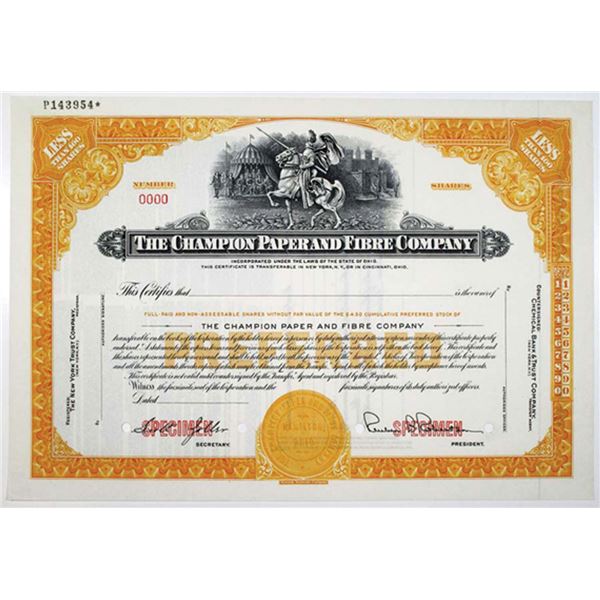 OH. Champion Paper & Fibre Co., 1940s <100 Shrs Specimen Cumulative Stock Cert