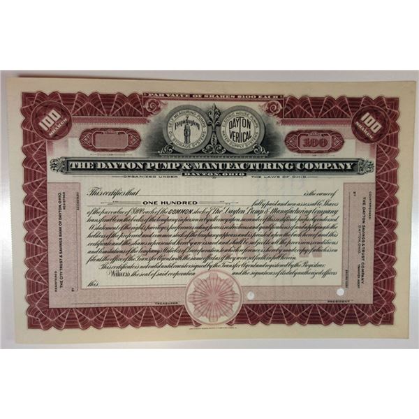 OH. Dayton Pump & Manufacturing Co., 1910s 100 Shrs Specimen Stock Cert., VF SBN