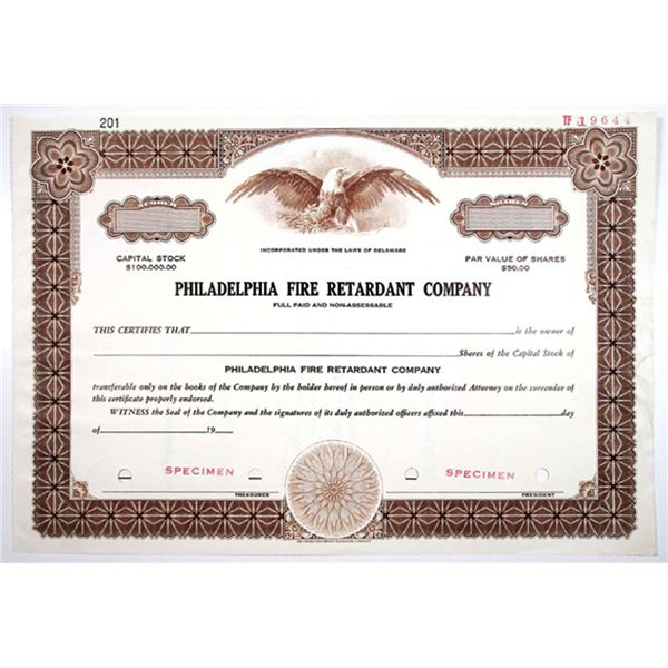 PA. Philadelphia Fire Retardant Co., 1910s Odd Shrs Specimen Stock Cert., XF SCBN