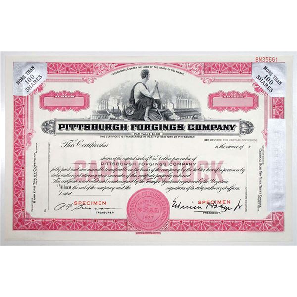 PA. Pittsburgh Forgings Co., 1960s >100 Shares Specimen Stock Certificate, VF SBN