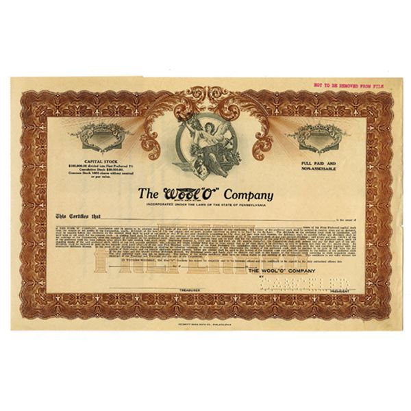 PA. Wool "O" Co., 1920s Odd Shrs Specimen Stock Certificate, Fine-VF SBNC