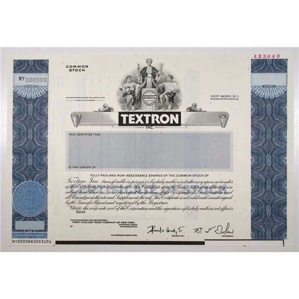 Textron Inc., 1990 Odd Shares Specimen Stock Certificate, VF ABNC