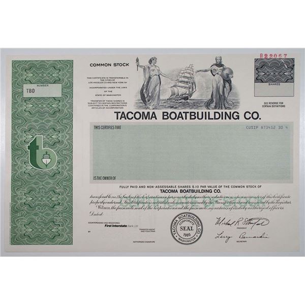 WA. Tacoma Boatbuilding Co., 1990 Odd Shares Specimen Stock Certificate, VF