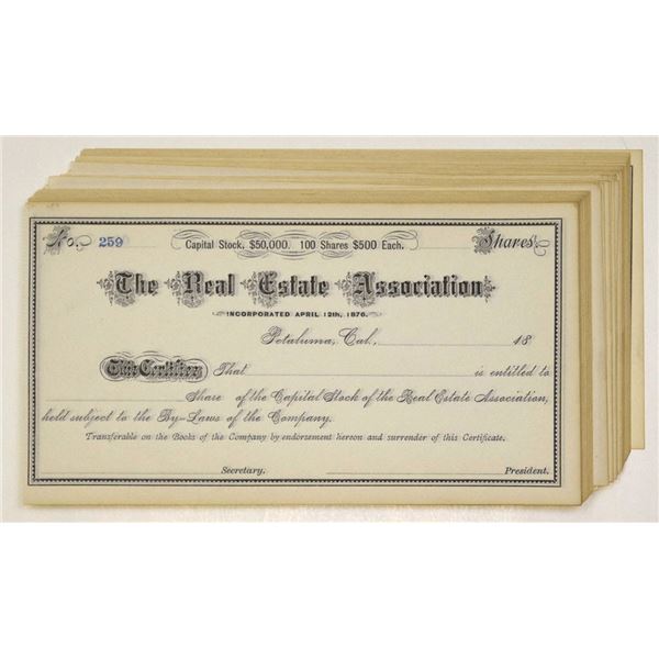 CA. Real Estate Association, Petaluma, CA, ND (1870s to 1890s), U/U Stock Certificates Assortment