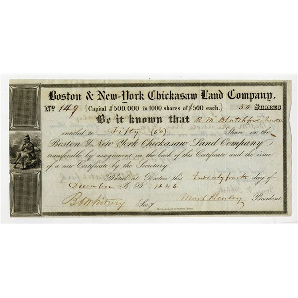 MA. NY., Boston & New York Chickasaw Land Co., 1846, I/U Stock Certificate