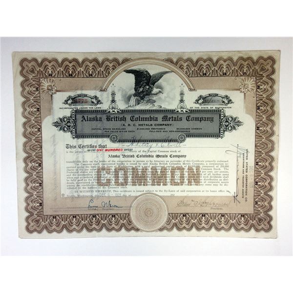 AK. Alaska British Columbia Metals Co., 1921 100 Shrs I/U Stock Certificate, Fine/VF