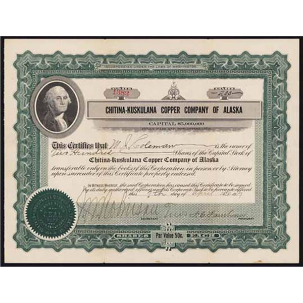 AK. Chitna-Kuskulana Copper Company of Alaska, 1917 I/U Stock