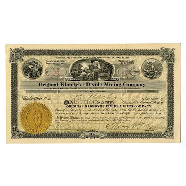 AK. Original Klondyke Divide Mining Co., 1919. 1000 Shrs Capital Stock I/C Cert