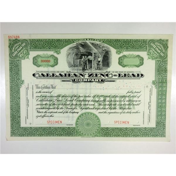 AZ. Callahan Zinc-Lead Co. 1910-30 Specimen Stock Cert <100 Shrs XF Green ABN