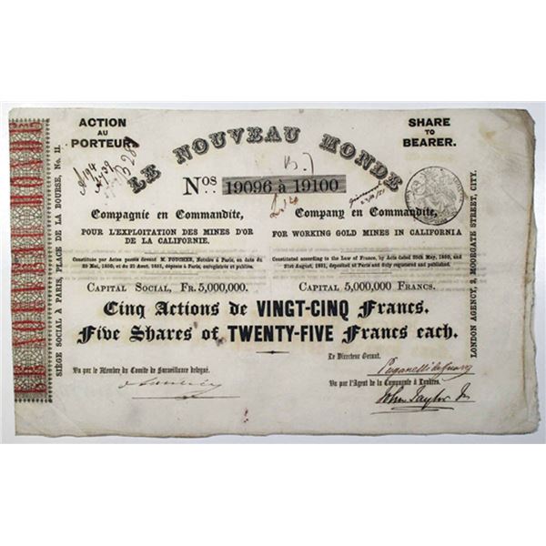 CA, California Gold Rush. Le Nouveau Monde, 1851 5 Shrs I/U Stock Cert., Fine Black