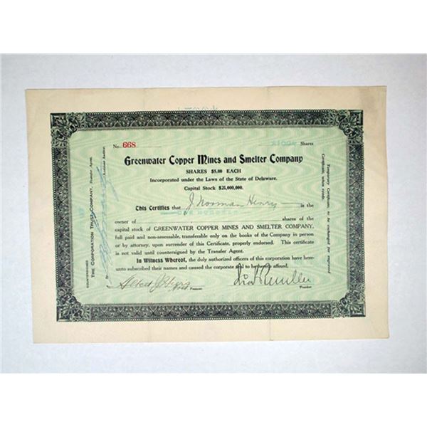 CA. Death Valley, CA. Greenwater Copper Mines and Smelter Co., 1907. I/U Stock Cert