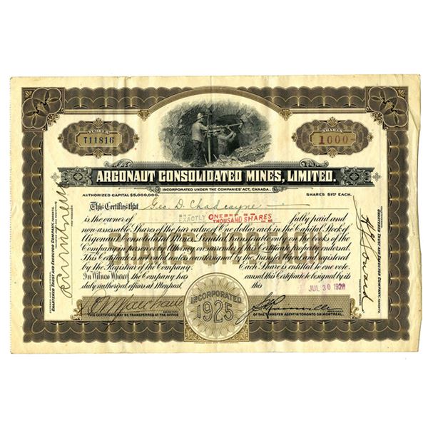 Canada. Argonaut Consolidated Mines, Ltd. 1921 I/U Stock Cert 1000 Shrs VF CBN