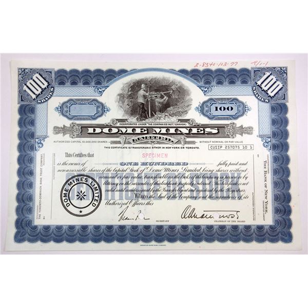 Canada. Dome Mines Ltd., 1977 Specimen Stock Certificate