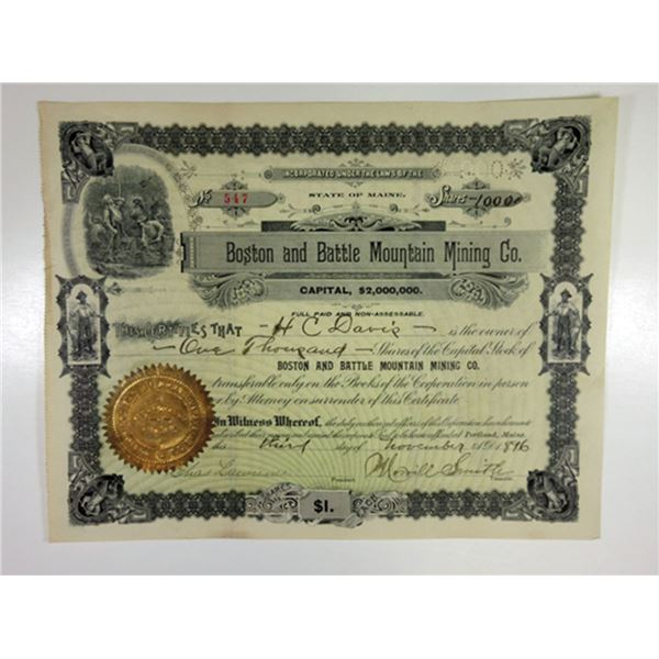 CO. Boston and Battle Mountain Mining Co. 1896 I/U Stock Cert 1000 Shrs VF