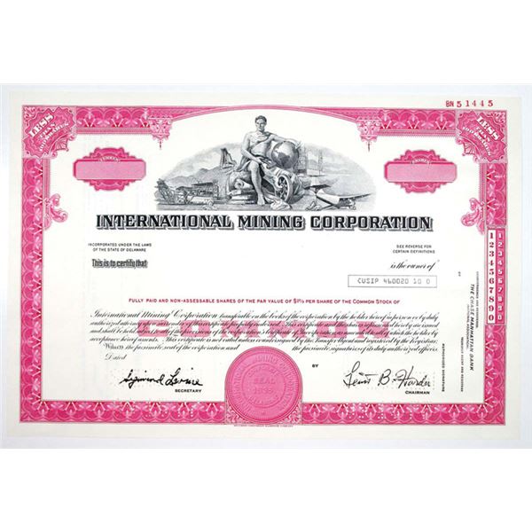 International Mining Corp., 1977 <100 Shares Specimen Stock Certificate, VF SCBN