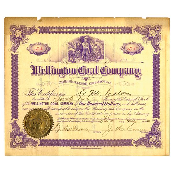 IL. Wellington Coal Co., 1888, Issued Stock Certificate.