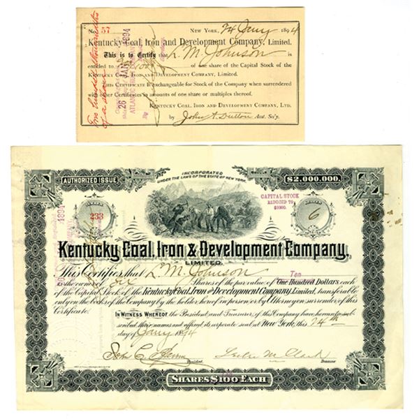 KY. Kentucky Coal, Iron & Development Co., 1894, Stock Certificate and Stock Assignment