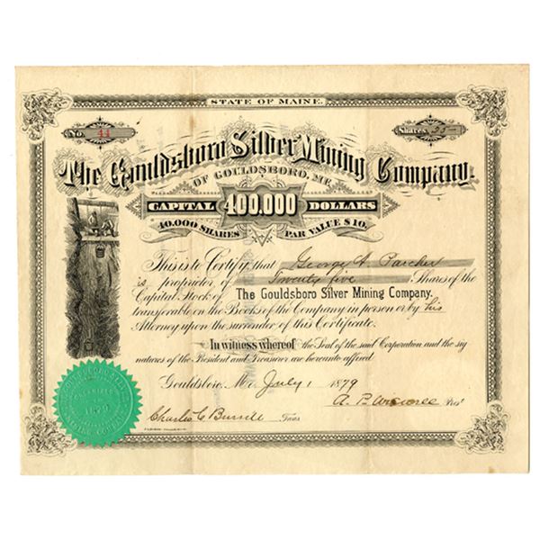 ME. Gouldsboro Silver Mining Co., 1879, I/U Stock Certificate.