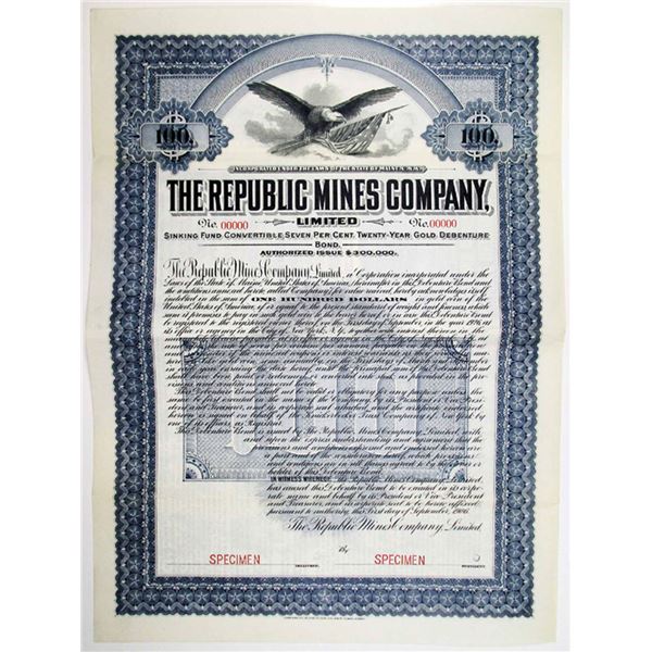 ME. Republic Mines Co., Ltd., 1906 $100 Specimen 7% Gold Coupon Bond, VF ABN