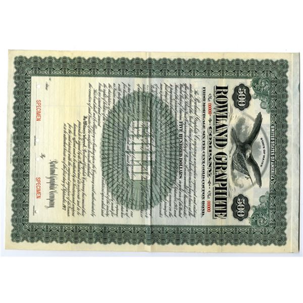ME. Rowland Graphite Co., 1907 $500 Specimen 6% Gold Coupon Bond, XF FLBNC