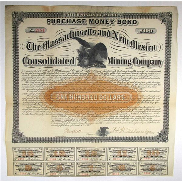 Massachusetts & New Mexico Consolidated Mining Co., $100 I/U Coupon Bond. VF