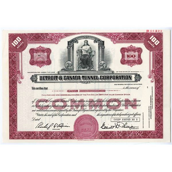 MI. Detroit & Canada Tunnel Corp., 1982 100 Shrs Specimen Stock Cert., Unc. SBN