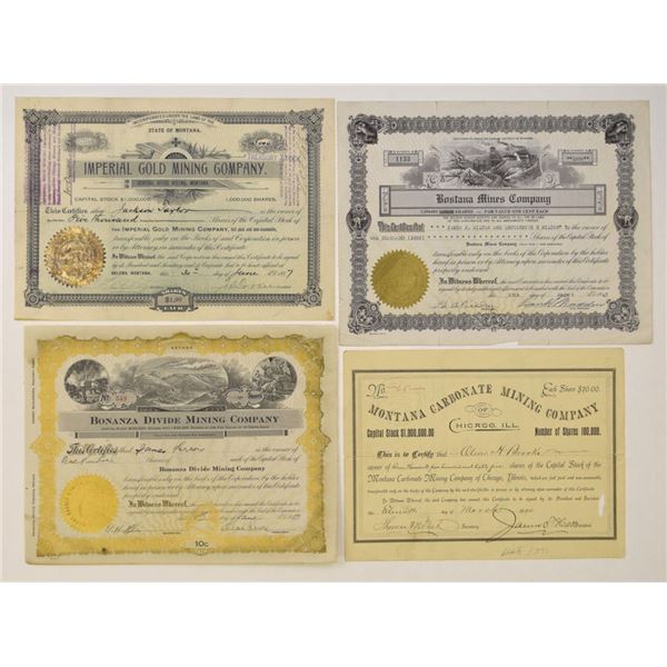 MT, NV. Montana, Nevada, and Illinois I/U Mining I/U Stock Certificate Quartet, 1890 to 1947.