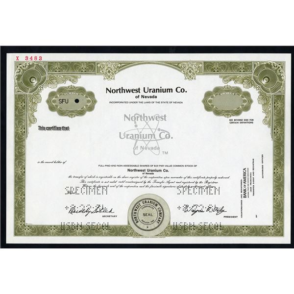 NV. Northwest Uranium Co., 1984 Specimen Stock Certificate