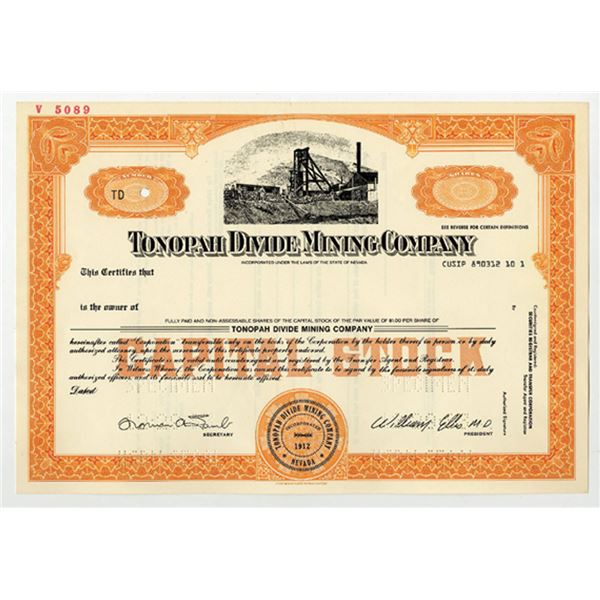 NV. Tonopah Divide Mining Co., 1960's Specimen Odd Shares Stock Certificate. CBN