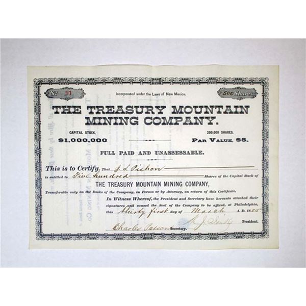 NM. Treasury Mountain Mining Co., 1885. 500 Shrs Capital Stock I/U Cert, #91, XF