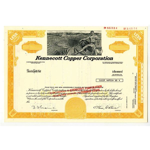 NY. Kennecott Copper Corp, 1980 <100 Shrs Specimen Stock Cert, Unc. SCBN Yellow