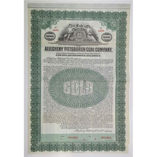 PA. Allegheny Pittsburgh Coal Co. 1921 Specimen 8% Sinking Fund Gold Coupon Bond