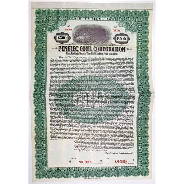 PA. Penelec Coal Corp., 1924 $500 Specimen 6.5% Gold Coupon Bond, VF FLBN Green