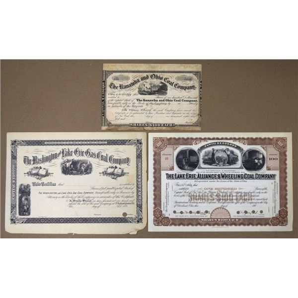 PA&OH. Coal Related Trio of Proof and I/C Stock Certificates, ND (ca.1870s to 1900s).