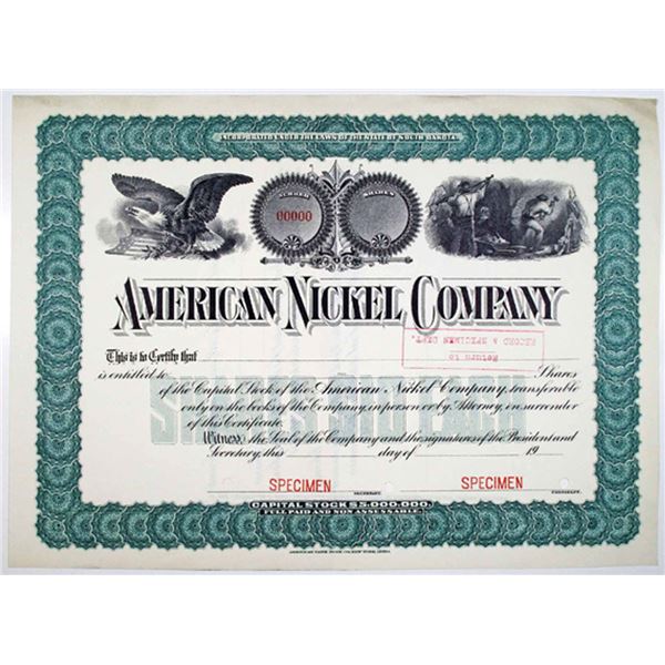 SD. American Nickel Co., 1960s Odd Shrs Specimen Stock Cert., VF ABN Green