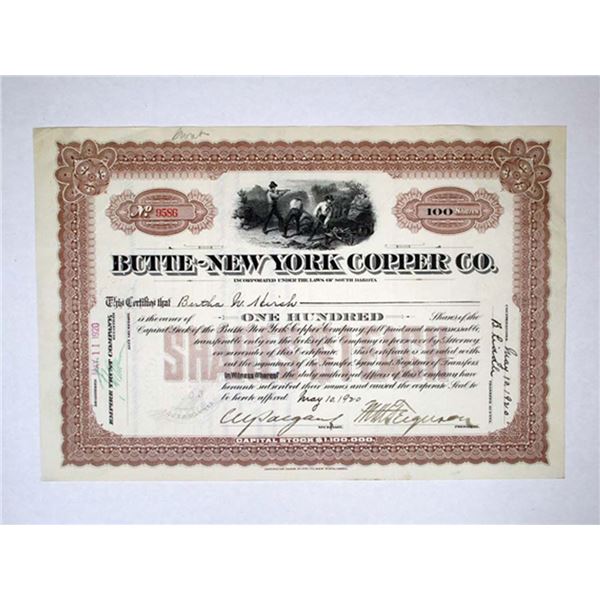 SD. Butte-New York Copper Co, 1920. 100 Shrs Capital Stock I/U Cert. VF-XF. ABNC