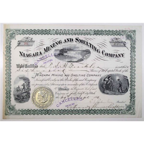 UT. Niagara Mining & Smelting Co., 1890 600 Shrs I/C Capital Stock Cert., VF