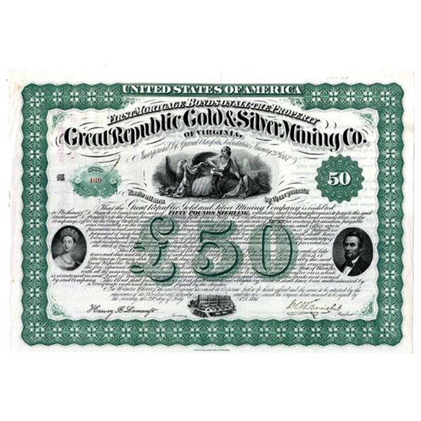 VA. Great Republic Gold & Silver Mining Co., 1867, I/U 7% Coupon Bond.