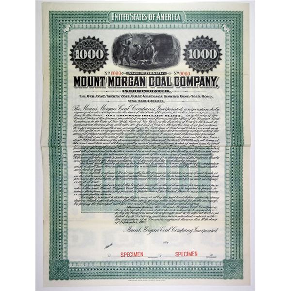 VA. Mount Morgan Coal Co., 1908 $1,000 Specimen 6% Gold Bond, XF condition ABNC