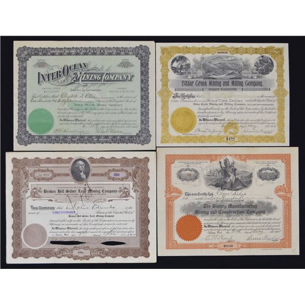 Washington Mining Stock Certificate Quartet, ca.1903 to 1922.